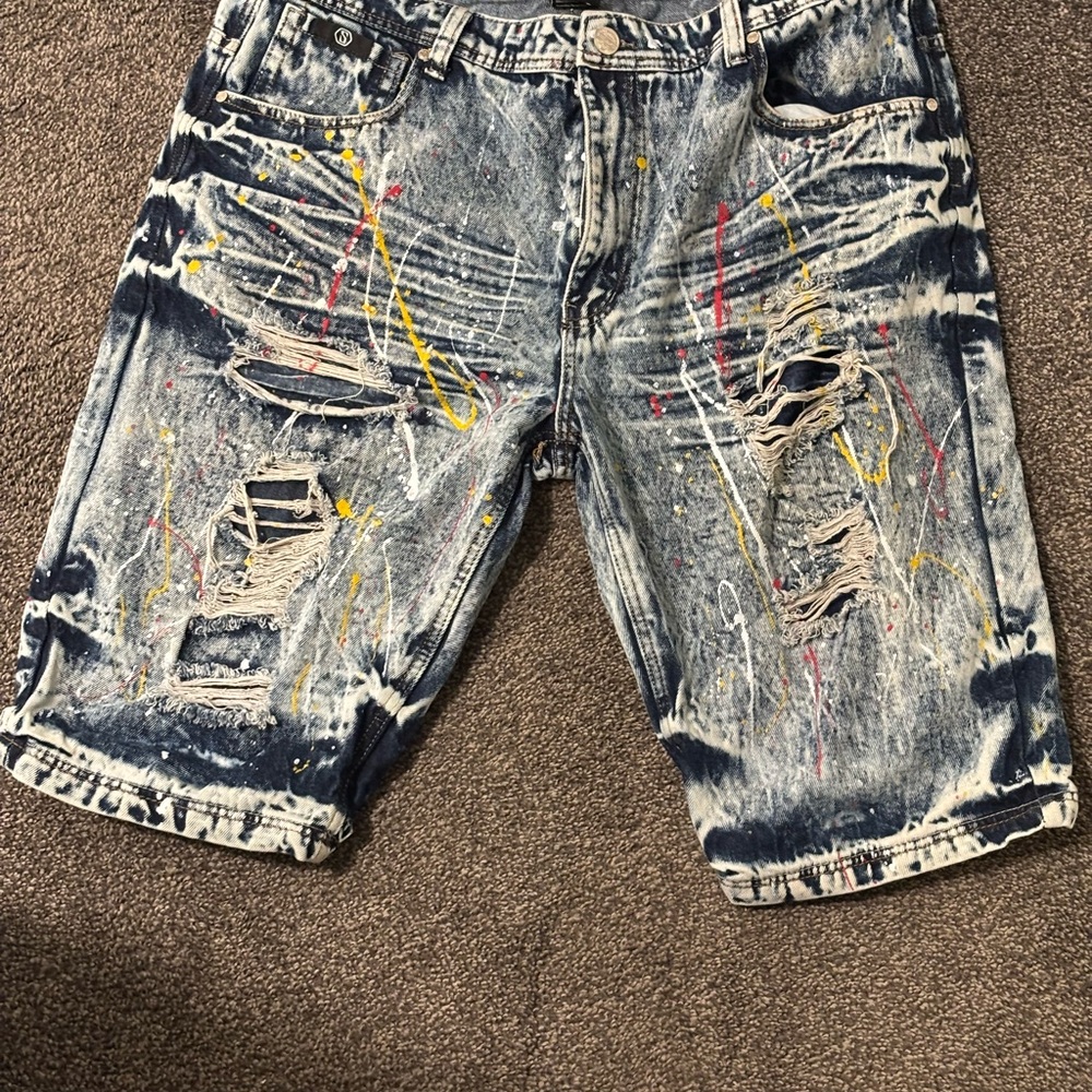 Distressed Denim Shorts with Paint Splatter
